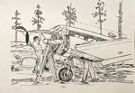 Pen and ink drawing of mechanics working on a Twin Beech airplane by Albert Boucher