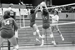 Juli Argotow and Angela Rogers block hit by UM volleyball player by Eastern Washington University
