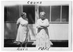 Cave Junction cooks Ruth Buller and Mary in front of cook house by Leonard Pauls